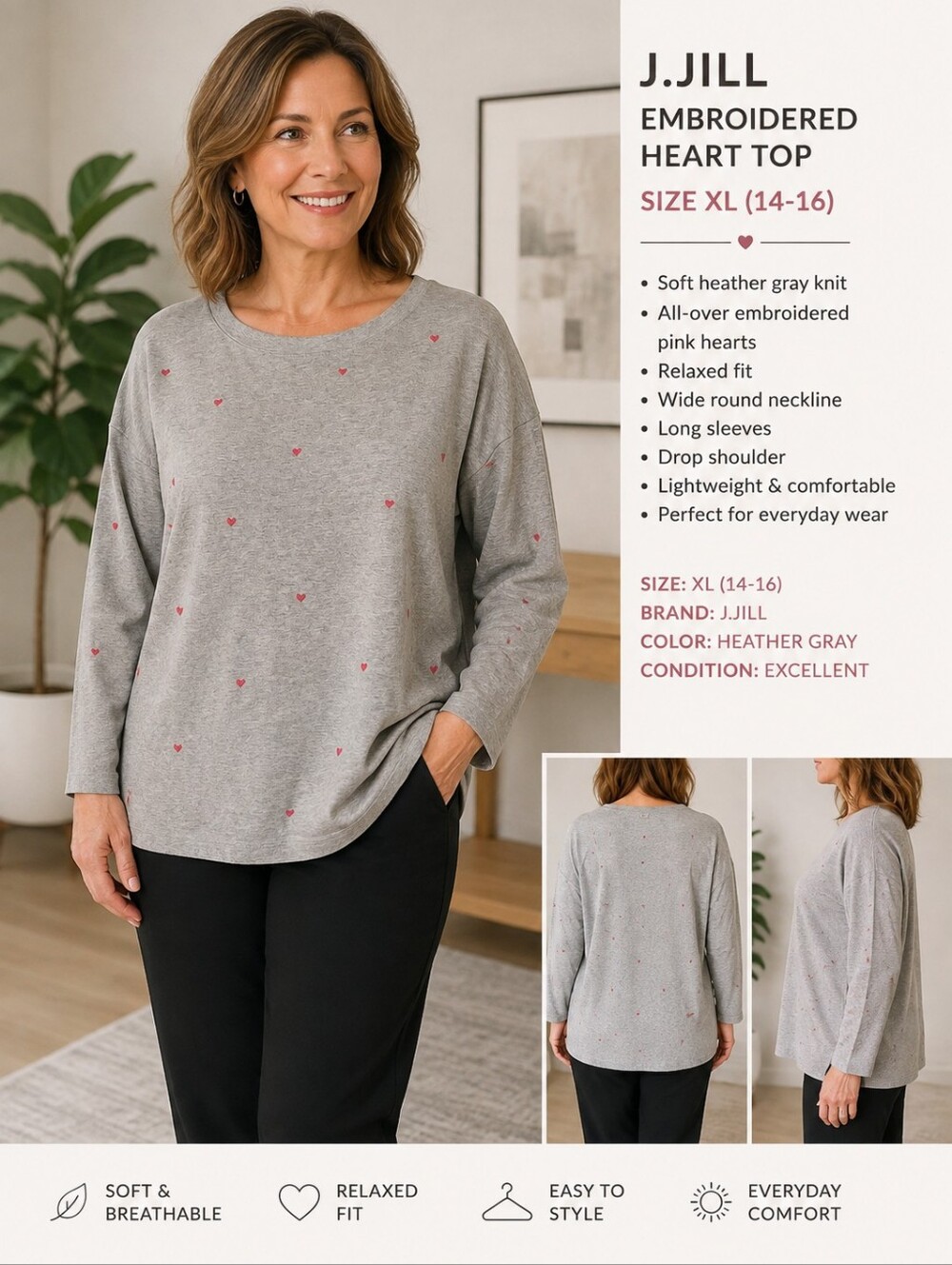 J.Jill XL 14-16 Gray Embroidered Heart Long Sleeve Knit Top NWOT Relaxed Fit